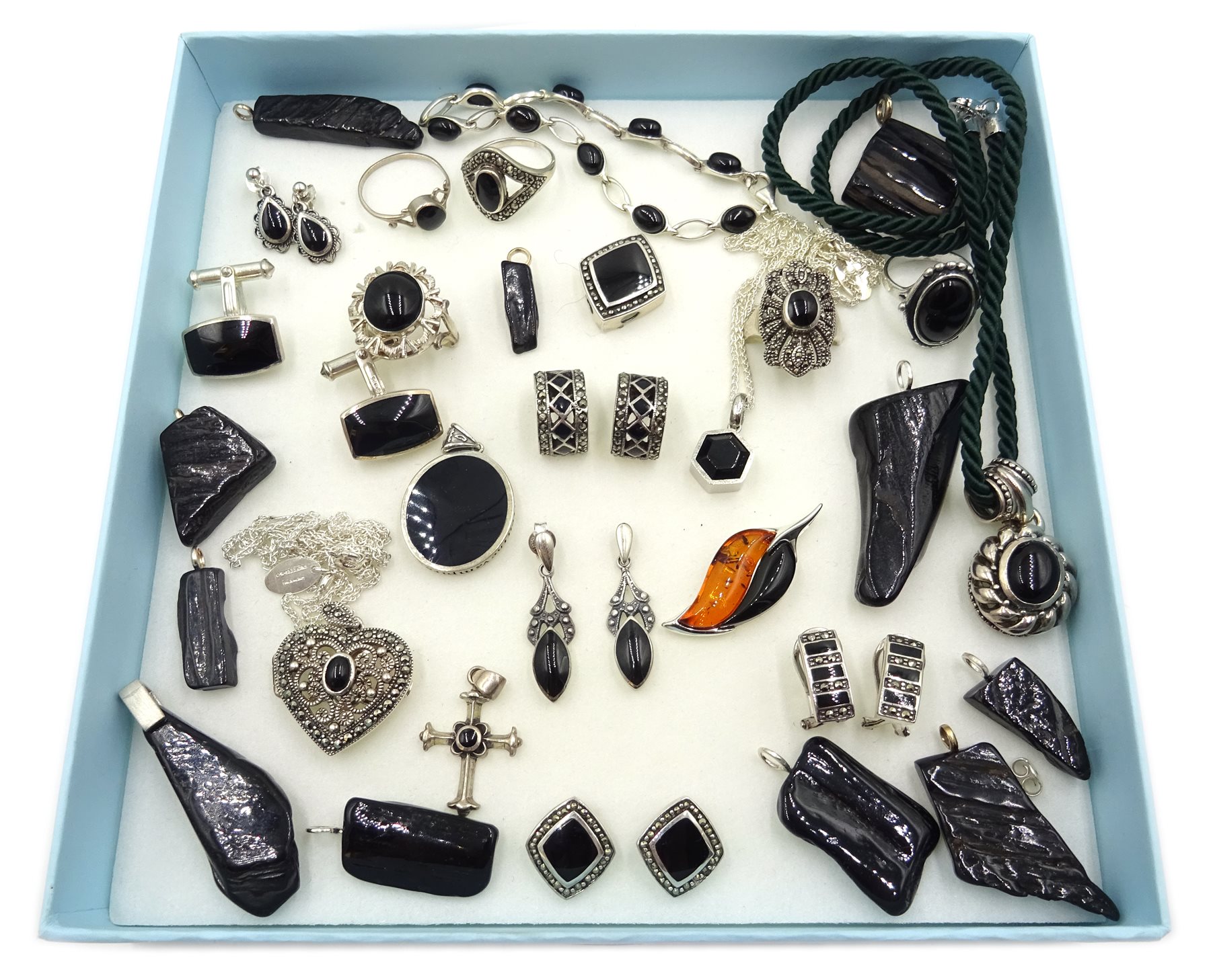 Collection of jet and silver mounted jet jewellery including marcasite and jet earrings and