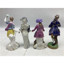 Seven Spode Chelsea figures, comprising no.1, no.2, no.3, no.4, no.6 and two further smaller examples, together with a Dresden figure of a gentleman, no. K10003, and a Delft style figure of a boy, some with boxes, tallest H23cm (9)