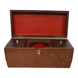 Marquetry inlaid satinwood tea caddy, of rectangular for the hinged cover and front with conch shell motifs, with two compartments, together with a sarcophagus shaped tea caddy
