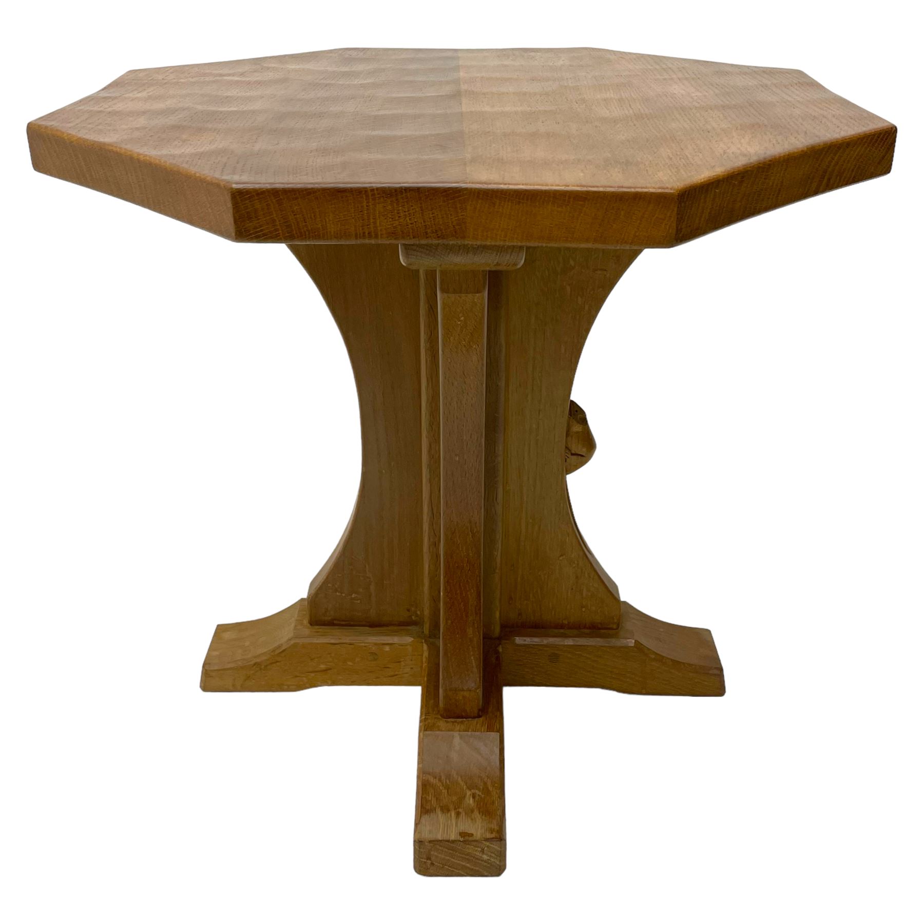 Mouseman - oak occasional table, octagonal adzed top on cruciform base with sledge feet, carved with mouse signature, by the workshop of Robert Thompson, Kilburn 