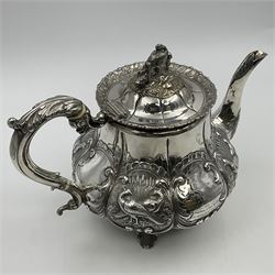 Victorian silver three piece tea service, comprising teapot, twin handled open sucrier, and milk jug, each of bellied form with acanthus capped scroll handles, the sides embossed with alternating scroll edged vacant panels and panels containing a pair of birds, upon four palmette feet, the teapot with ivory insulators to handle, and bird finial to the hinged domed cover, hallmarked William Hunter & Son, London 1861, teapot H19cm, including handles sucrier H13.5cm, including handle milk jug H12cm

This item has been registered for sale under Section 10 of the APHA Ivory Act