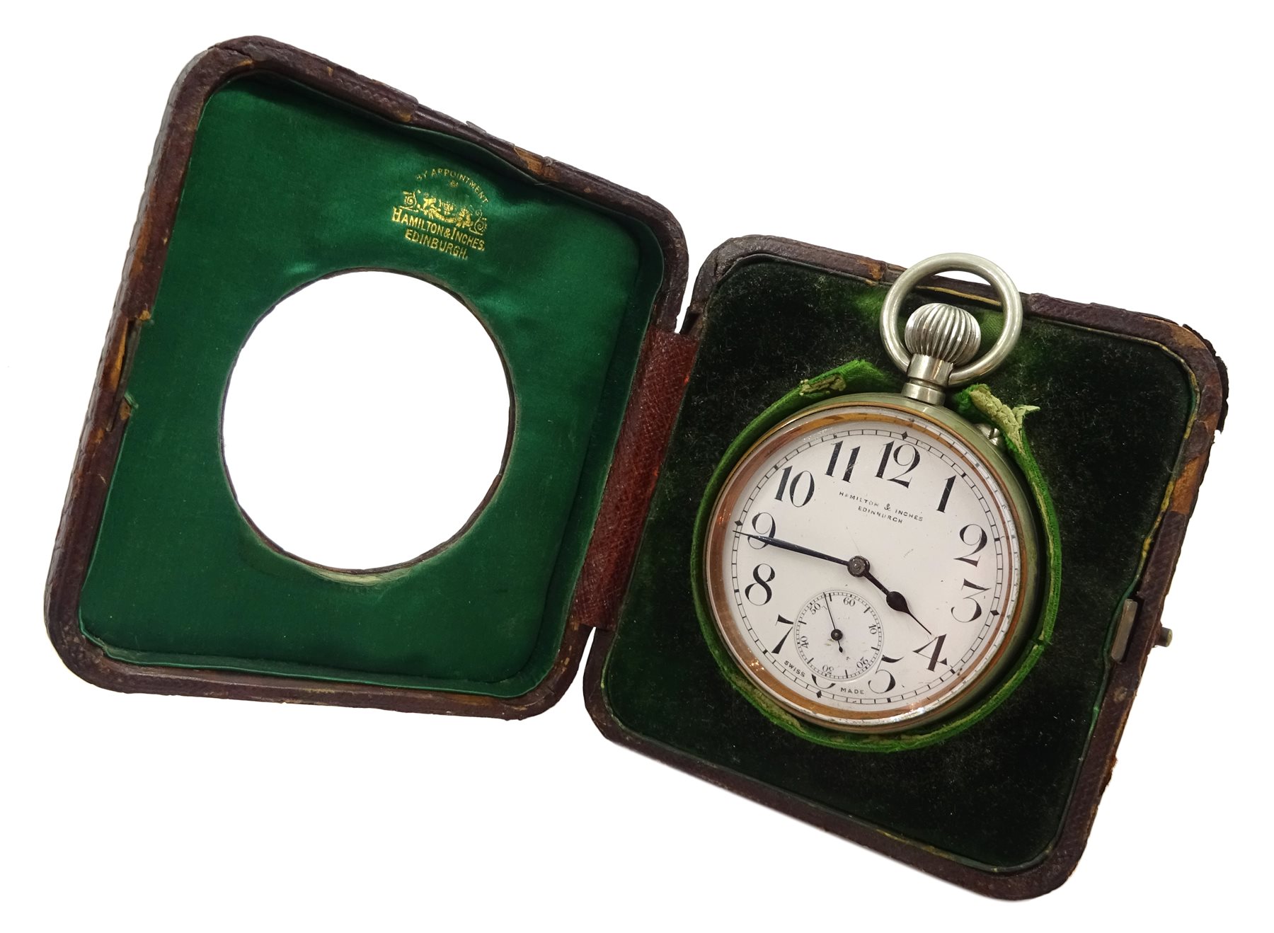 Swiss Goliath nickle cased pocket watch, movement stamped 7032, retailed by Hamilton & Inches, Edinburgh, with crocodile effect leather fitted case also by Hamilton & Inches 