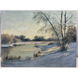 William Burns (British 1923-2010): 'A Snowy Scene', oil on board signed, titled on label verso 30cm x 41cm (unframed) Provenance: Direct from the family of the artist. Notes: Born in Sheffield in 1923, William Burns RIBA FSAI FRSA studied at the Sheffield College of Art before the outbreak of the Second World War, during which he helped illustrate the official War Diaries for the North Africa Campaign, and was elected a member of the Armed Forces Art Society. On his return, he studied architecture at Sheffield University and later ran his own successful practice, being a member of the Royal Institute of British Architects. However, painting had always been his self-confessed 'first love', and in the 1970s he gave up architecture to become a full-time artist, having his first one-man exhibition in 1979.