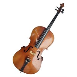 German half-size cello with 69cm two-piece maple back and ribs and spruce top; L112.5cm overall; in soft carrying case with two bows