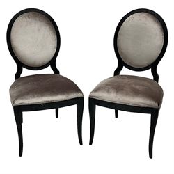 India Jane Interiors - Pair of French design cameo back dining chairs, upholstered in silver velvet fabric ebonised frame, on square tapering supports with splayed feet - ex-display/bankruptcy stock 