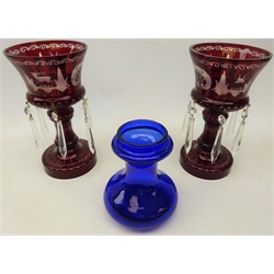  Pair Bohemian ruby glass lustres etched with stags amongst scrolls with faceted glass drops, H22cm and a early 20th century blue Hyacinth vase (3)  