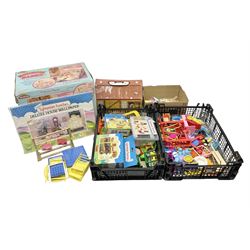 1980s Epoch Sylvanian Families - Country Kitchen Utensil Set and Playpen with Mobile; both boxed; together with assorted loose furniture, playground equipment, grocery shop stock etc; Penny's Pony Club Set in folding stable box; and boxed Bouncin' Babies Nursey Playset