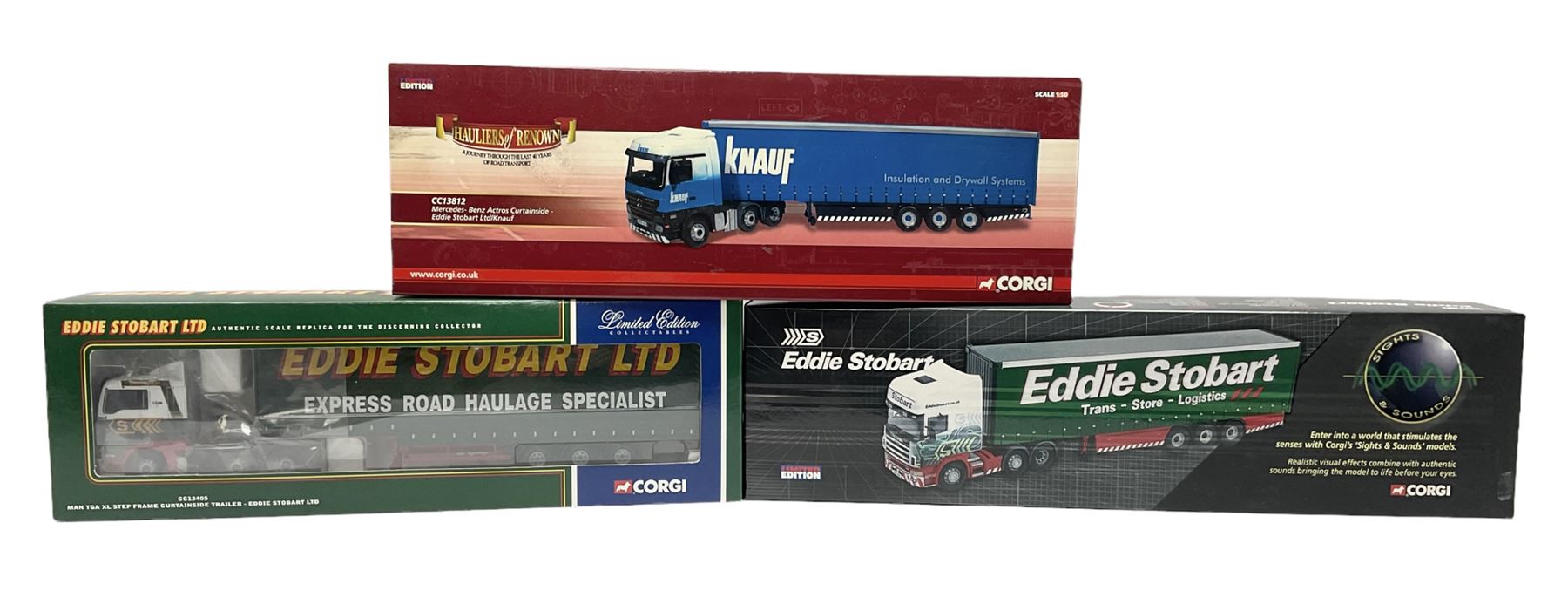 Corgi Eddie Stobart - three limited edition lorries; CC12936 Sight & Sounds Scania Topline Curtainside Trailer; CC13812 Hauliers of Renown Mercedes-Benz Actros Curtainside Knauf; and CC13405 MAN TGA XL Step Frame Curtainside Trailer; all boxed (3)