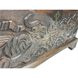18th century carved oak blanket box, hinged top with internal candle box, bracket feet