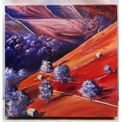 Moira Metcalfe (British Contemporary): Rural Landscape in Red and Purple, oil on canvas signed 40cm x 40cm 