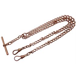 Early 20th century rose gold Albert chain with two clips, makers mark B & S, Birmingham, each link stamped 9 375