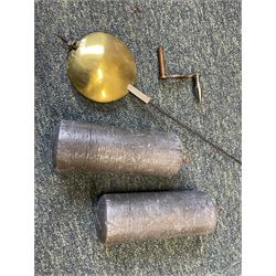 William Gostling of Diss  (Norfolk)-  Late 18th century 8-day oak longcase clock c1780-90, break arch top with scalloped cresting and three brass finials, glazed break arch hood door flanked by turned pilasters with brass capitals, trunk with a long trunk door and rounded top on a square plinth with an applied and shaped skirting, early painted Wilson of Birmingham dial with Roman numerals and five minute Arabic's, matching steel hands and second pointer, arched square ended calendar aperture with date disc behind, floral spandrels within gesso borders and a painted rocking automaton representing Mercury to the break arch, dial pinned via a false plate to a weight driven rack striking movement with a recoil anchor escapement, striking the hours on a cast bell. With pendulum weights and key. 
William Gostling (II) is recorded as working in Diss from 1774 to 1797, succeeded by widow Anne and son George . The dial of this clock is illustrated and discussed in detail in M.F. Tennants book 