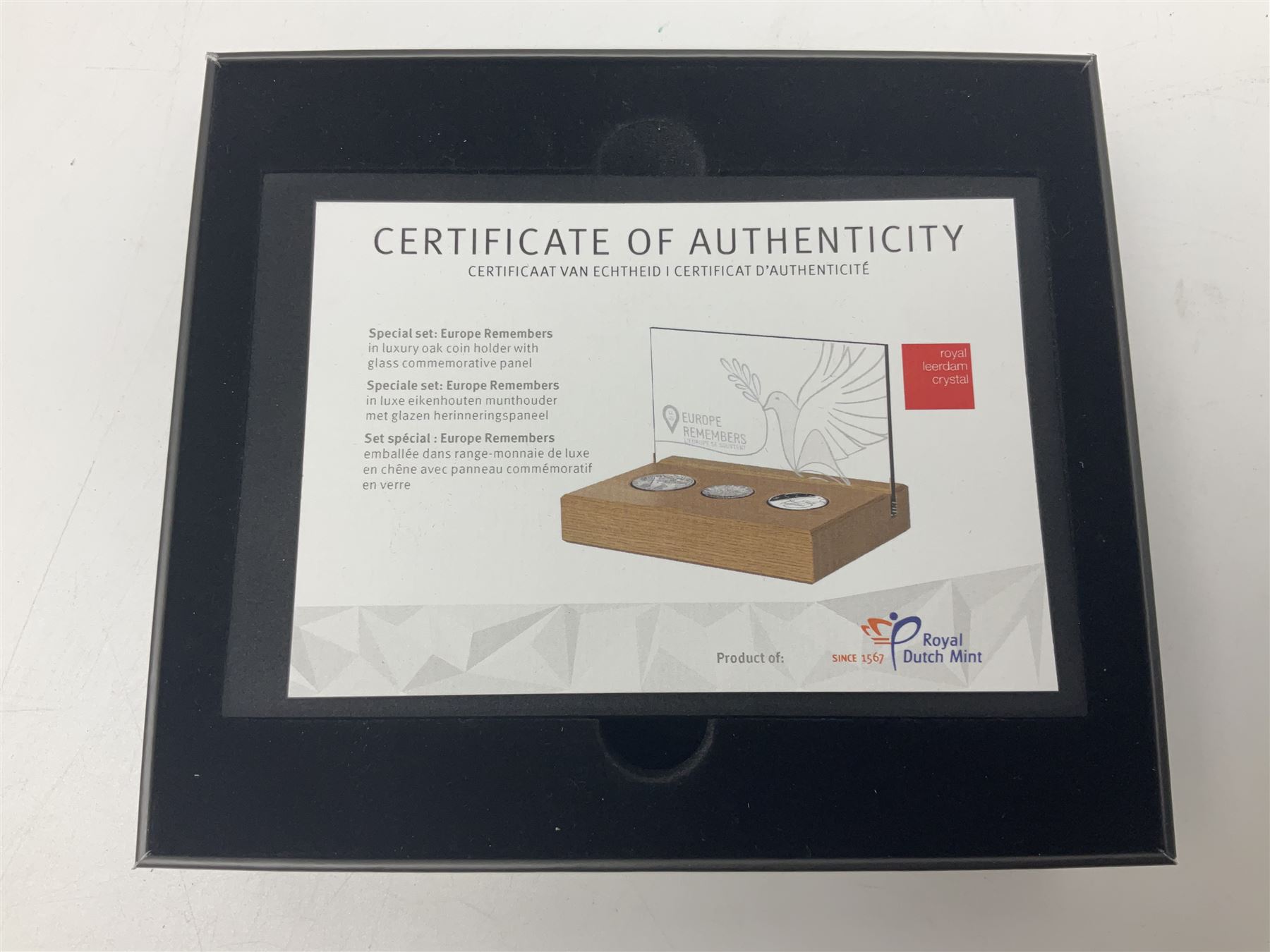 Royal Dutch Mint 'Europe Remembers' silver three coin set, comprised of Royal Canadian Mint 2020 one dollar '75th Anniversary of V-E Day', The Royal Mint 2020 one pound '75th Anniversary of VE Day' and Royal Dutch Mint 2020 five euros '75 Years of Freedom', cased with certificate