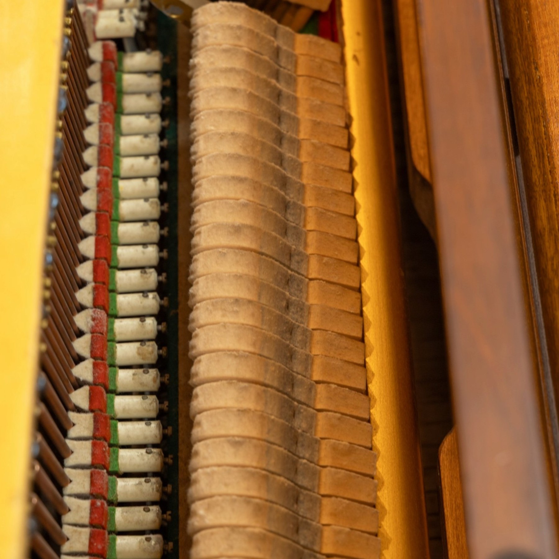 1970s century Welmar mahogany cased upright piano, retailed by The Piano Centre Rotherham, serial no. 75618, H110cm, W141cm
