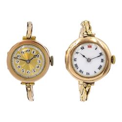  Rolex 9ct gold manual wind wristwatch, white enamel dial with Roman numerals and red 12 o'clock, London import mark 1916, on expanding gold bracelet, stamped 15ct and one other 9ct gold wristwatch, on expanding gold bracelet, hallmarked 9ct