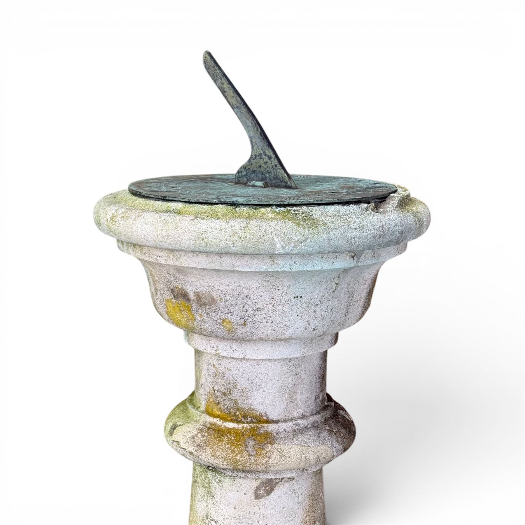 Composition stone sundial, square top with bulb pedestal, raised stepped plinth, lead dial with Roman numerals depicting 'Grow Old Along with me, the best is yet to be'