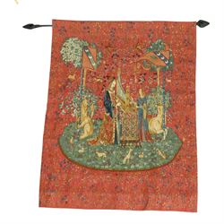 Neo-classical wall hanging, depicting women playing the harp surrounded by animals, on a r...