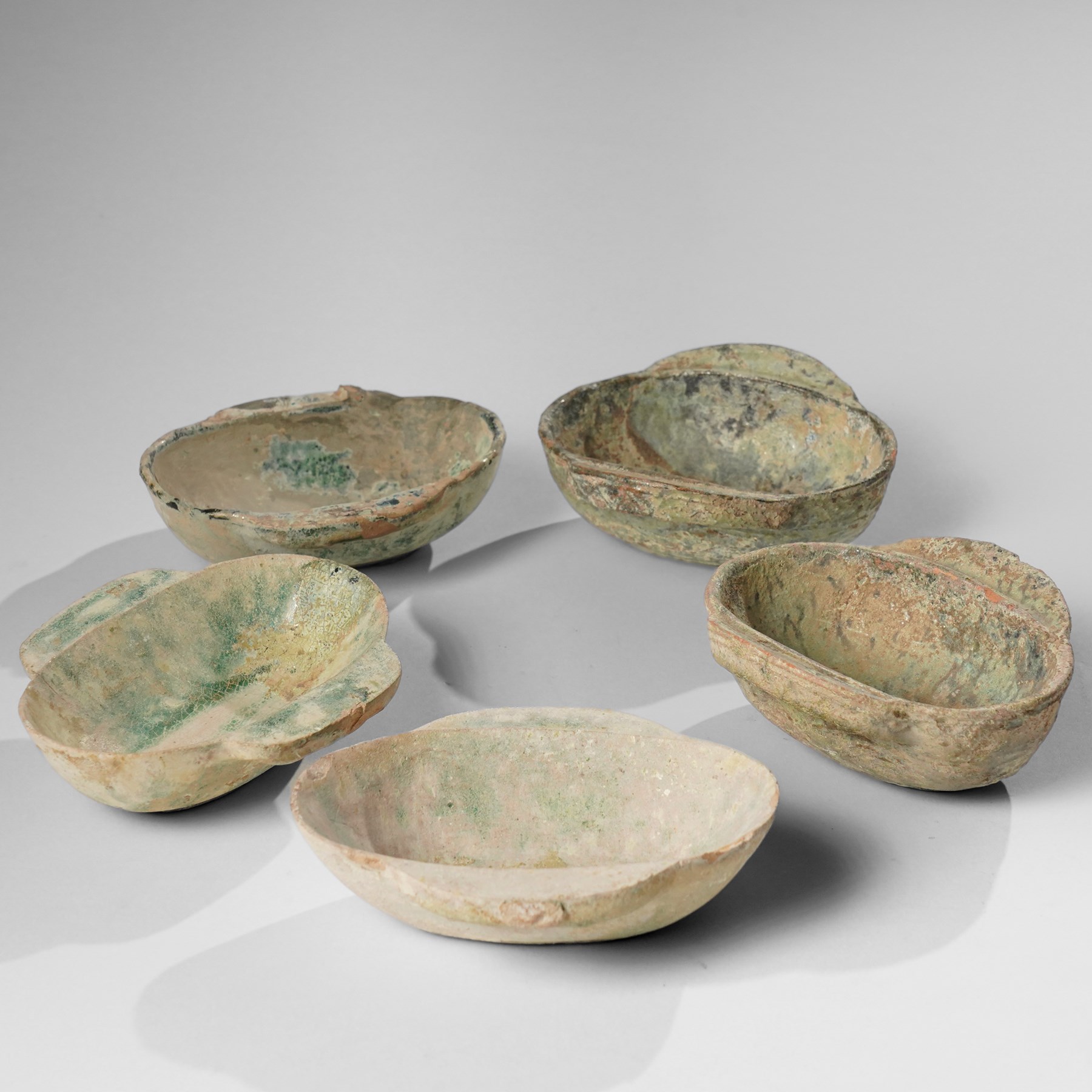 Five small Chinese terracotta 'ear' shaped wine cups, probably Western Han Dynasty (5)