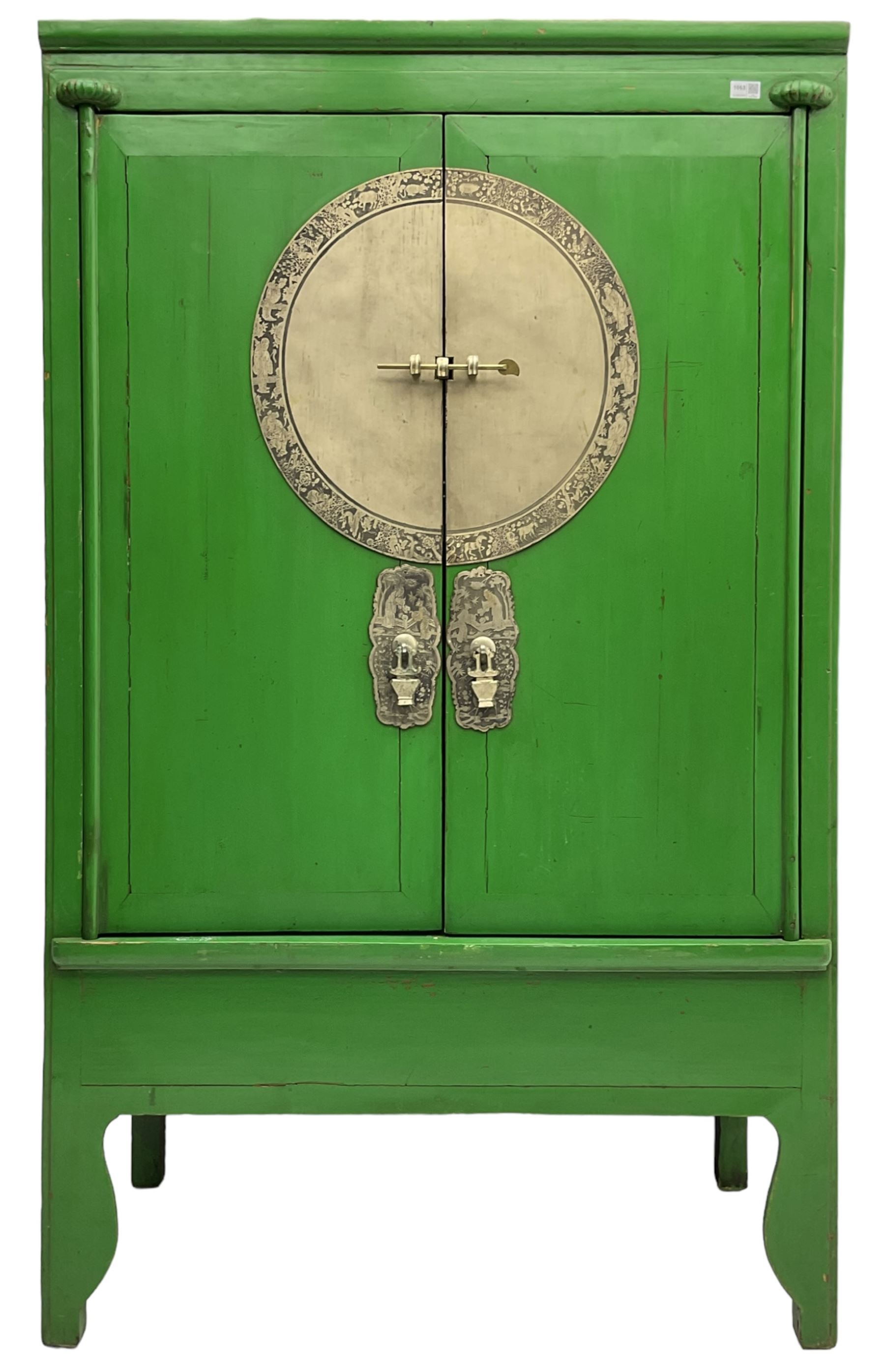 Chinese green lacquered hardwood moon cabinet, two panelled doors with metal mounts decorated with the zodiac animals and traditionally dressed figures, enclosing two drawers and shelves over single secret compartment
