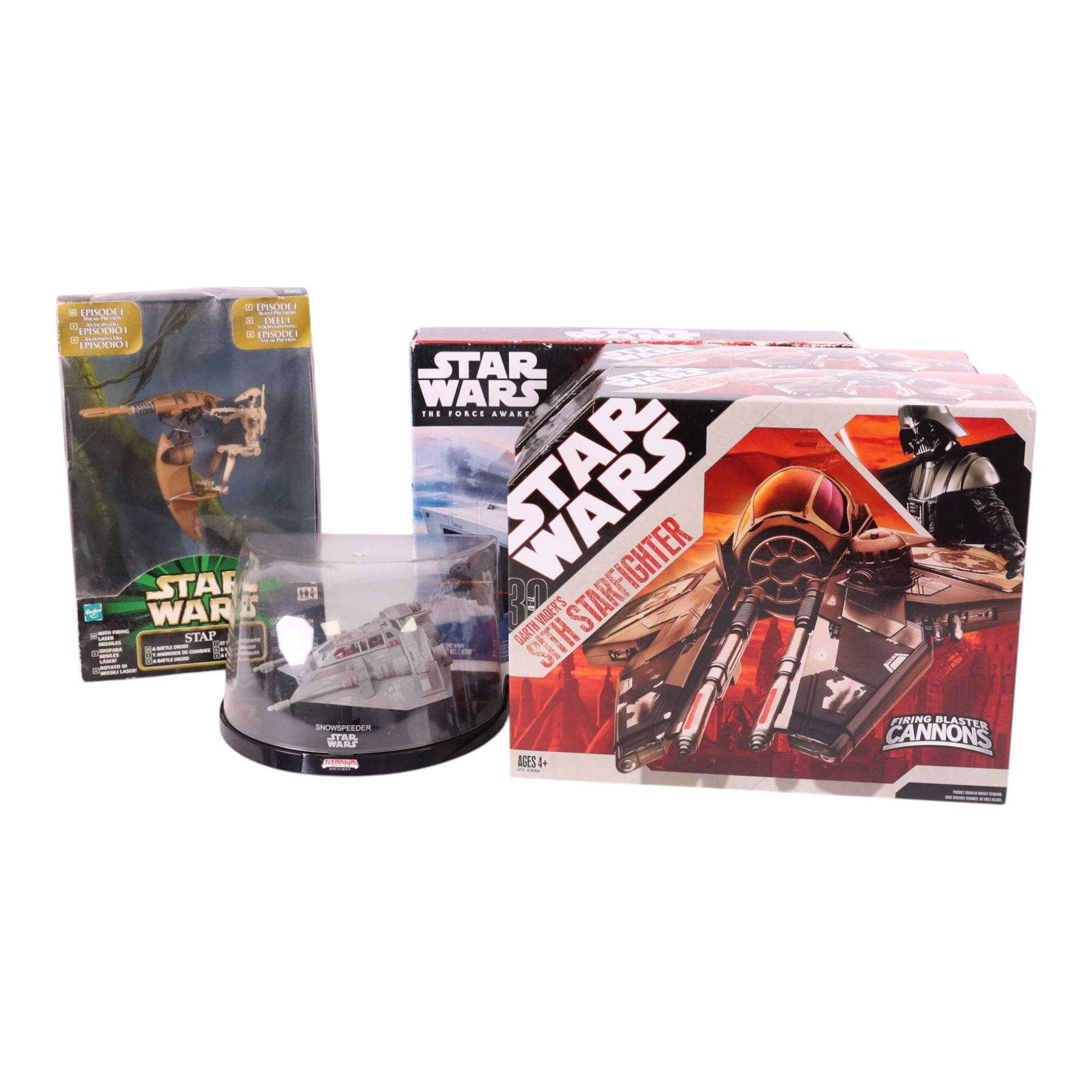 Hasbro Star Wars model vehicles, comprising two Darth Vader's Sith Starfighters, Stap and Battle Droid, Titanium Series Snowspeeder and a The Force Awakens First Order Snowspeeder, all boxed