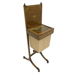 Edwardian mahogany sewing box, raised panelled back inlaid with central fan motif and fanned spandrels, the hinged panelled lid hand painted with country scene, upholstered bag beneath with marbled paper lining, on splayed supports with turned feet