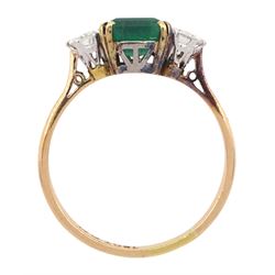 Gold three stone emerald and round brilliant cut diamond ring, stamped 18ct Plat, emerald approx 1.20 carat, total diamond weight approx 0.50 carat
