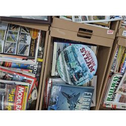 Large collection of model railway magazines, including Railyway Modeller, British Railway Modelling and Model Rail, together with railway and similar reference books, childrens books and VHS tapes in eleven boxes