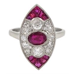 Platinum ruby and diamond marquise shaped ring, the central oval ruby, with round brilliant cut diamond surround and further calibre cut rubies set to each end