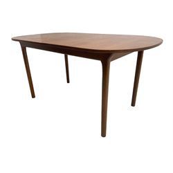 AH McIntosh & Co of Kirkaldy - mid-20th century teak extending dining table, rectangular top with rounded corners, concealed integrated double leaf, raised on tapered supports, 'Furniture by McIntosh sticker to underside of leaf