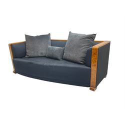 Thörmer Polstermöbel - Art Deco style sofa, of curved tapering form, framed in figured burr elm, upholstered in blue fabric with loose cushions