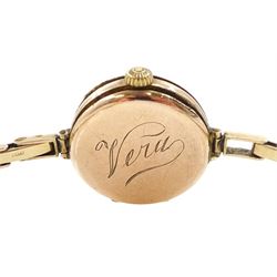Rolex early 20th century ladies 9ct rose gold manual wind half hunter wristwatch, white enamel dial with Arabic hour markers, London import marks 1916, the back case engraved 'Vera', on later expanding bracelet, Birmingham 1960