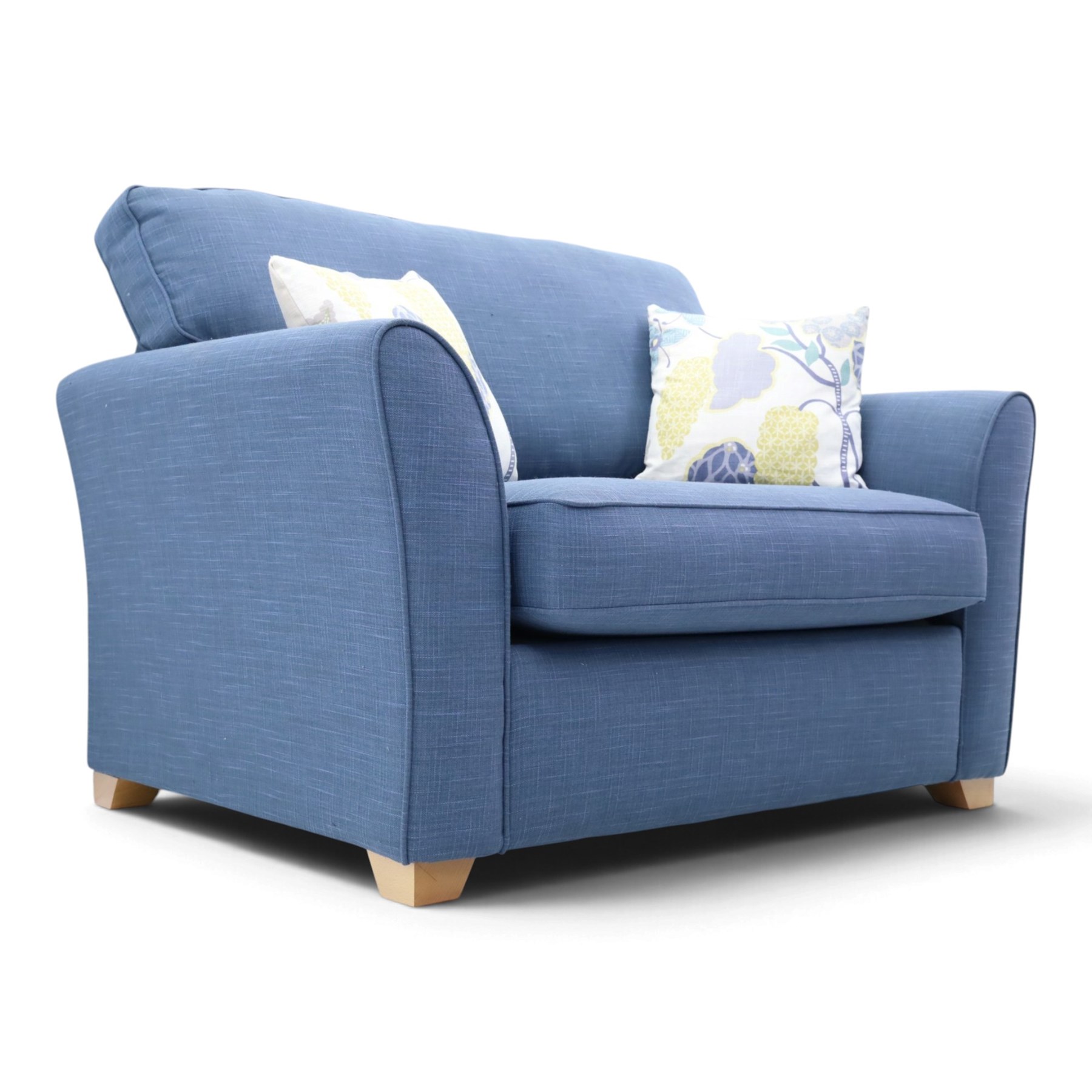 Contemporary blue small sofa bed, shaped arms with loose seat cushions, stowed bed beneath, raised on light wood feet