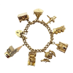  Gold curb chain bracelet, with eight gold charms including temple, car, church, train, helicopter and moon landing  Apollo craft, all hallmarked 9ct (one tested 9ct), approx 70.5gm  