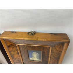 Collection of 19th century and later small frames, to include walnut examples, containing portrait miniatures, Victorian bird study, cross stitch etc
