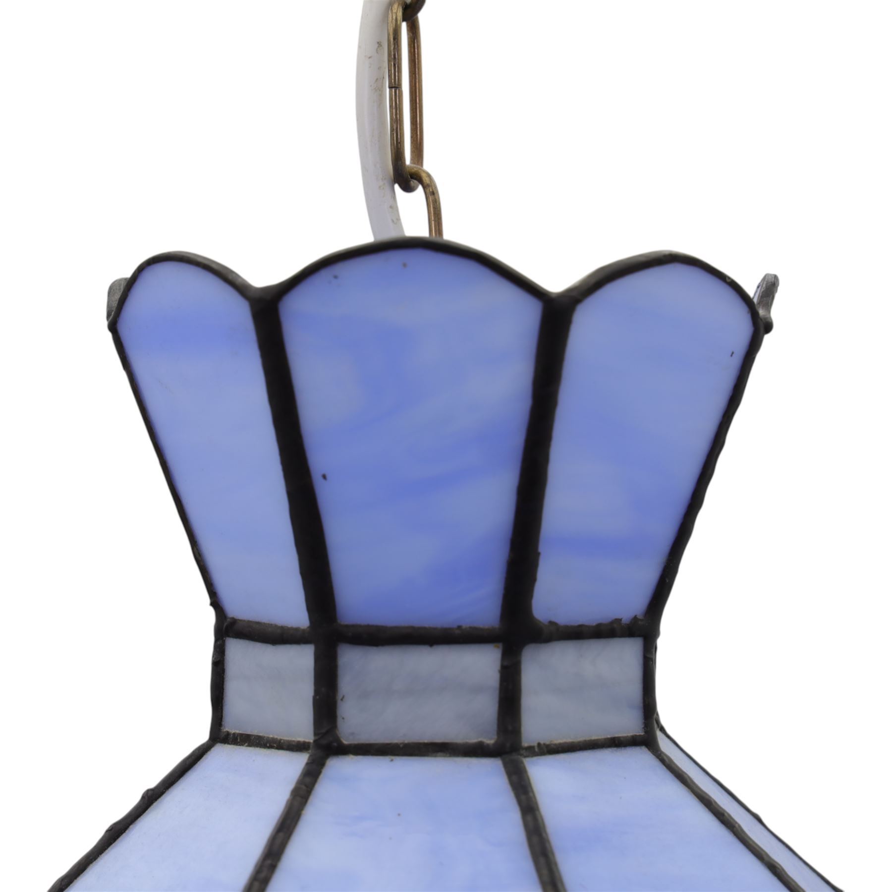 20th century Tiffany style stained glass centre light, the multi-sided shade formed from marbled blue glass panels bordered by a band of stylised floral motifs