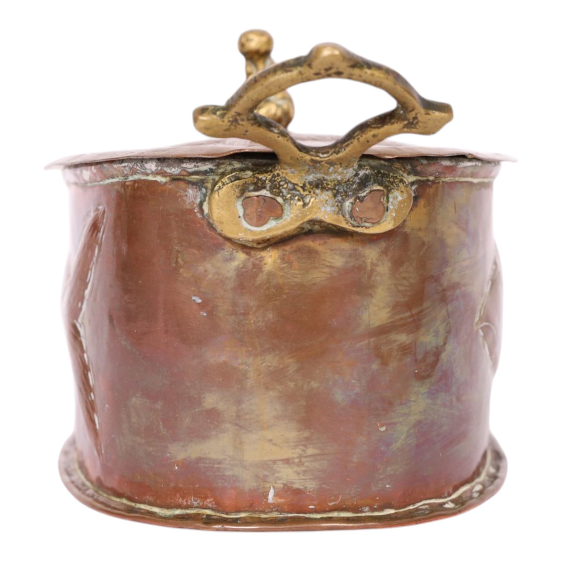 Copper twined handled poaching dish, decorated with fish to the sides and lid, H16cm