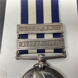 Victoria Egypt Medal 1882-1889 with Suakin 1885 and Tofrek clasps awarded to Sepoy Wuzeer Singh 15th Bengal Infantry; with ribbon