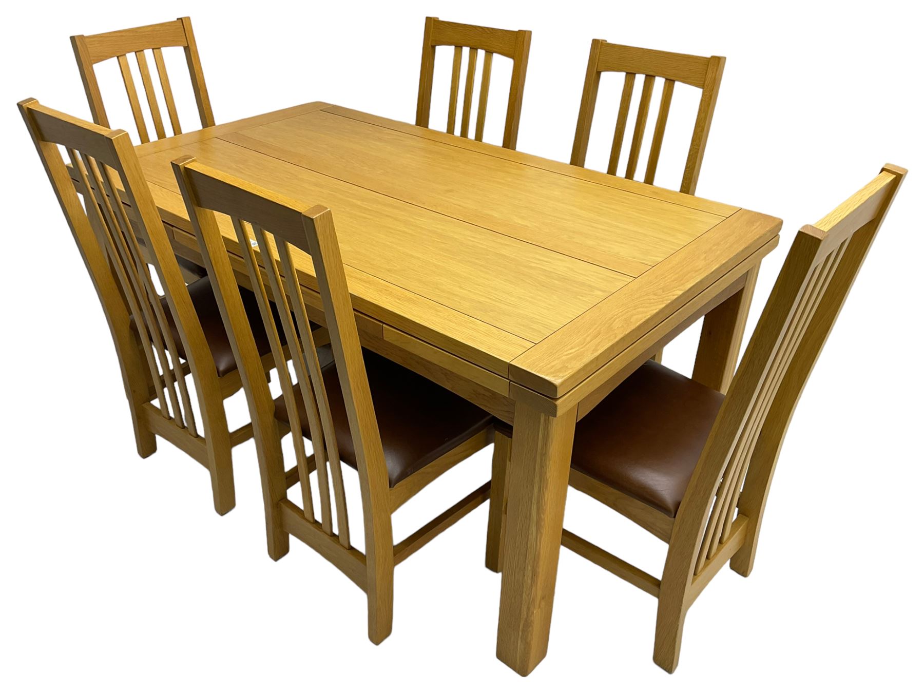 Multi-York - light oak dining table, rectangular draw leaf extending top, on square supports; together with a set of six chairs high back dining chairs with brown leather upholstered seats 
