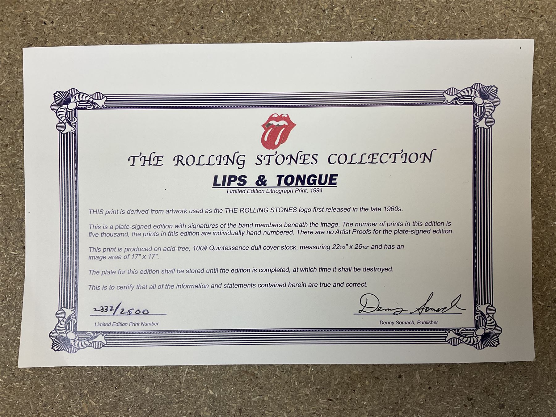Rolling Stones - two limited edition 1994 Musicon International posters depicting the iconic John Pasche lips and tongue Stones logo surrounded by printed signatures, nos.2148/2500 and 2332/2500 with certificates 67 x 57cm, unframed