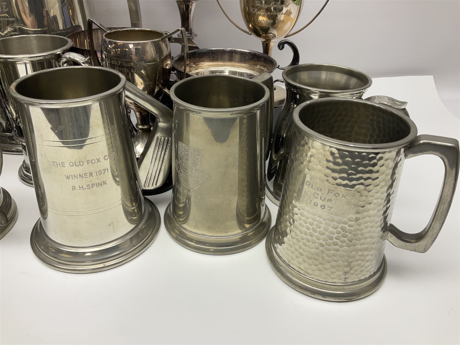 Collection of pewter and silver-plated trophy cups and presentation tankards, largest H28cm
