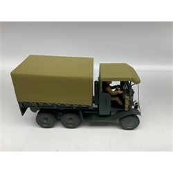 CJB Morris Military Field Wireless car with antenna, driver and operator L11cm; CJB Military covered wagon with two figures; and CJB maroon and white painted flat-bed truck with driver (3)