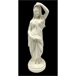 Parian ware figure of a woman in classical dress with one hand raised, H34cm