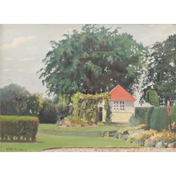 F M Thelwall (British early 20th century): 'Corner of a Garden', oil on board signed, artist's address label verso 'Beech Hill, Swanland, Hull' 30cm x 40cm