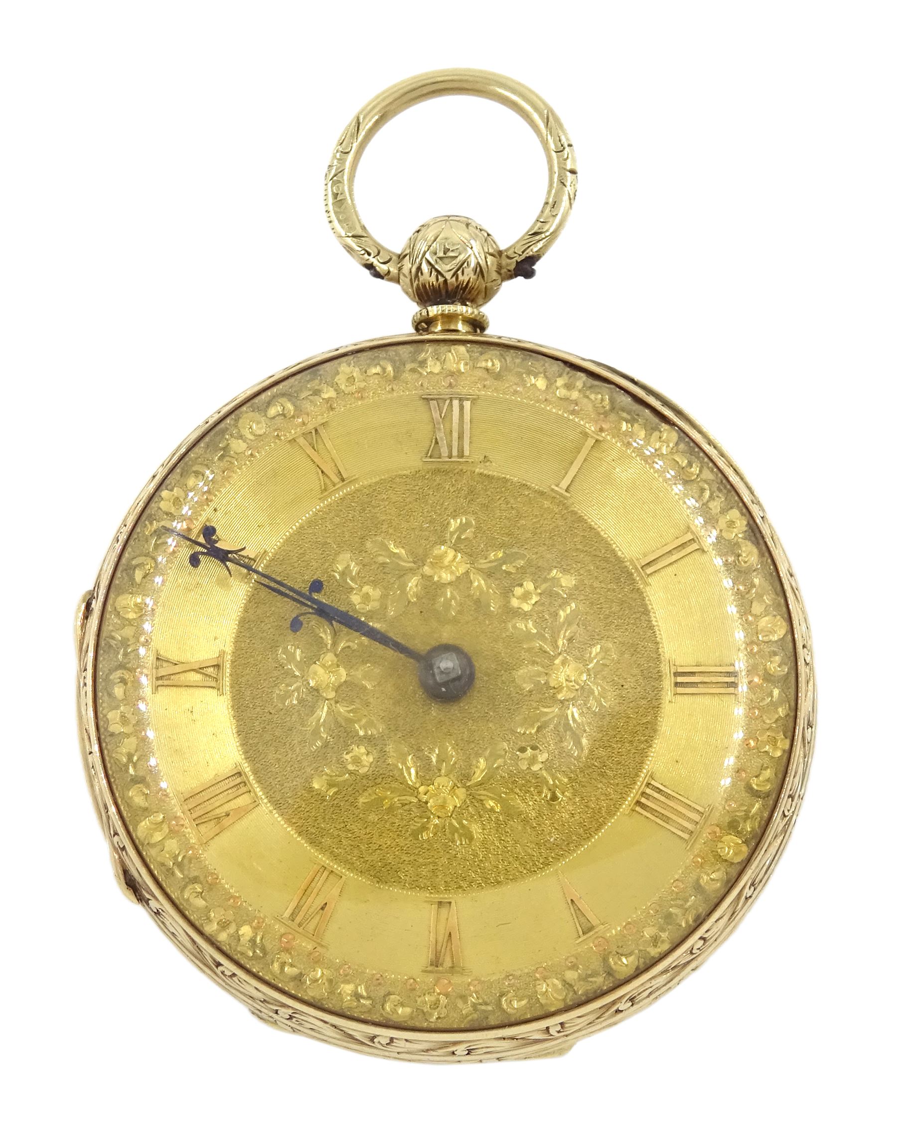 Victorian 12ct gold open face, keyless lever pocket watch, No. 21056, gilt dial with Roman numerals, case with engraved floral decoration by Thomas R Russell & Co, Chester 1852, with 18ct gold key