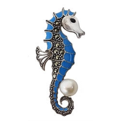  Silver blue enamel, pearl and marcasite seahorse brooch, stamped 925  