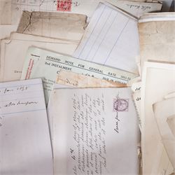 York and Yorkshire postal history and ephemera - large quantity of 19th and 20th century letters, postcards, stamped covers, empty envelopes, receipts, invoices, certificates, solicitor’s papers, estate papers and related ephemera, including York and Yorkshire addresses, Manor of Osbaldwick tithe rent-charge receipt, Joseph Peters & Sons solicitor material, marriage certificates, family correspondence, business invoices, Canadian/Montreal cover and various Victorian and later postal markings and stamps, in four large crates