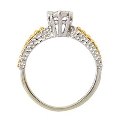 18ct white gold single stone diamond ring, with yellow gold bead design shoulders, London 1979, diamond approx 0.15 carat