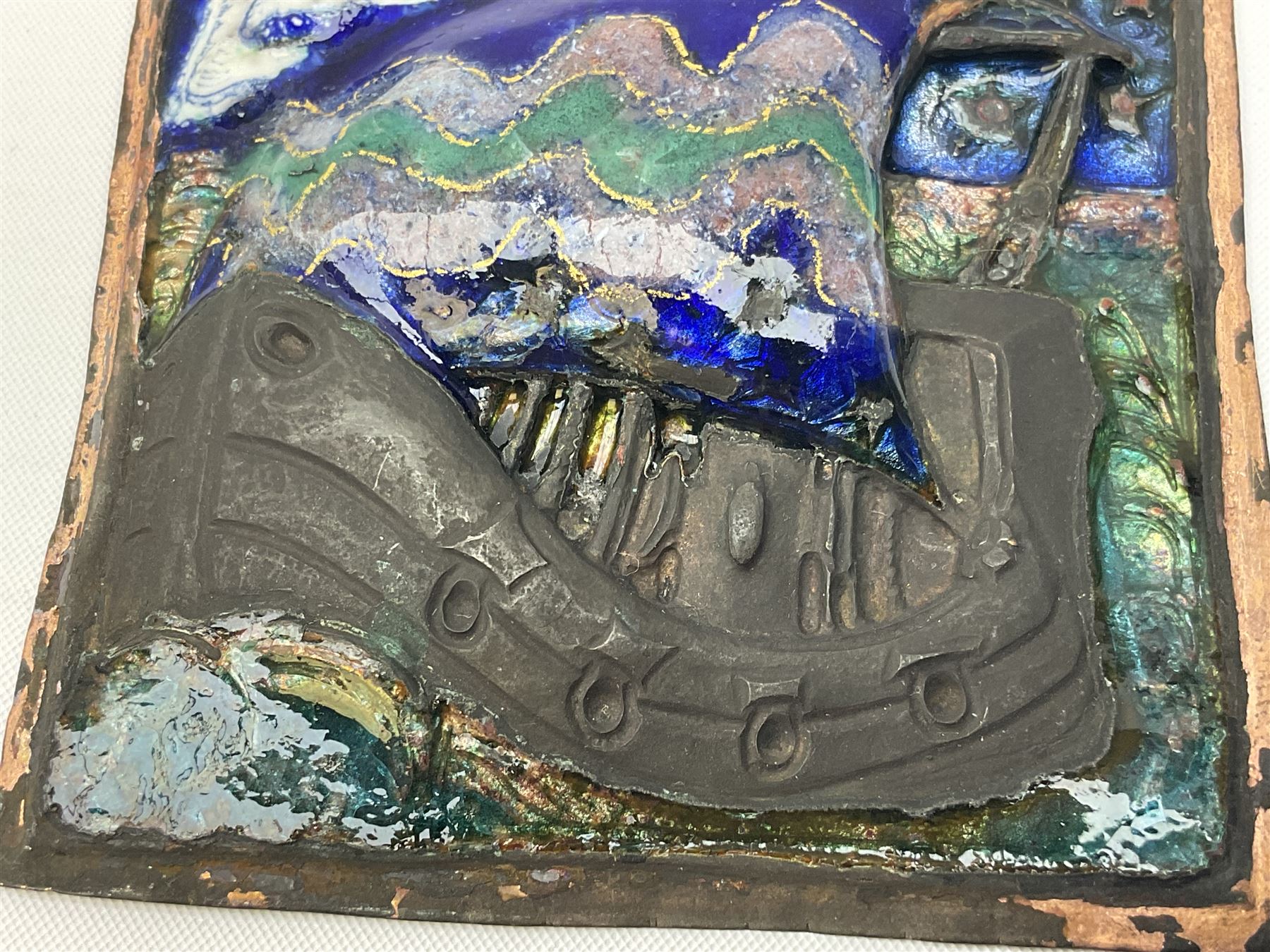 Henry George Murphy (1884-1939), large Arts & Crafts enamel panel, of square form decorated with a stylised ship, upon a green and blue ground, H7cm W7cm  