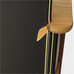 Barget of London - Mid 20th century L-shaped teak and black vinyl cocktail bar, shaped top with gilt metal banding and black cushioned edge over glazed upper section and open serving shelf, the reverse fitted with shelves, the front with applied lattice mouldings over black vinyl, on plinth base
