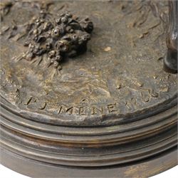After Pierre Jules Mene (French 1810-1879): Vainqueur!!!, bronze equestrian group of a Derby jockey leading his horse on naturalistic moulded oval base, titled signed and dated 1866, H37cm W43cm